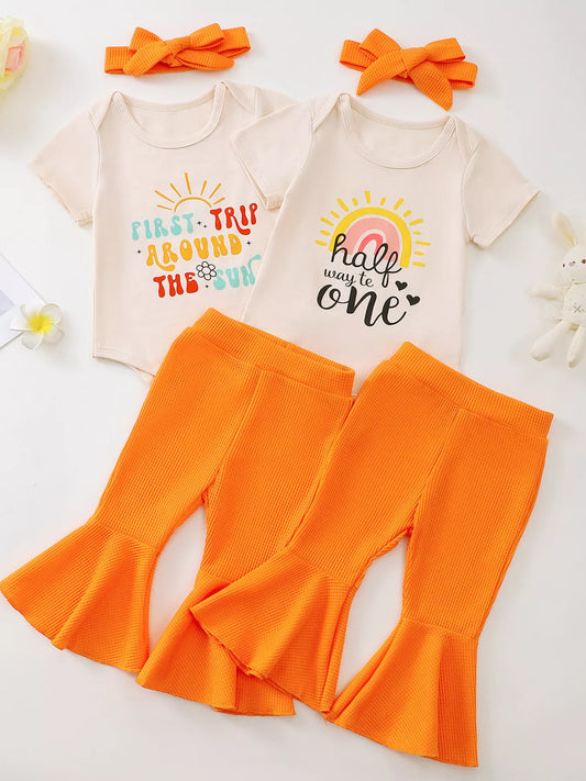 Children's Short Sleeve Bodysuit and Flare Pants Set with Headband