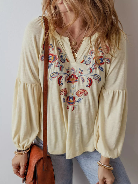 Embroidered Notched Balloon Sleeve Blouse