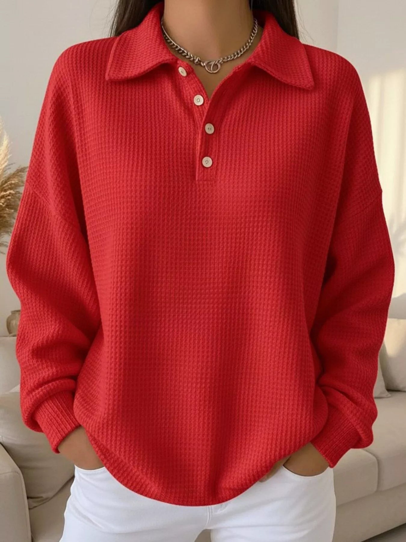 Full Size Waffle Knit Button Detail Top Plus Size
