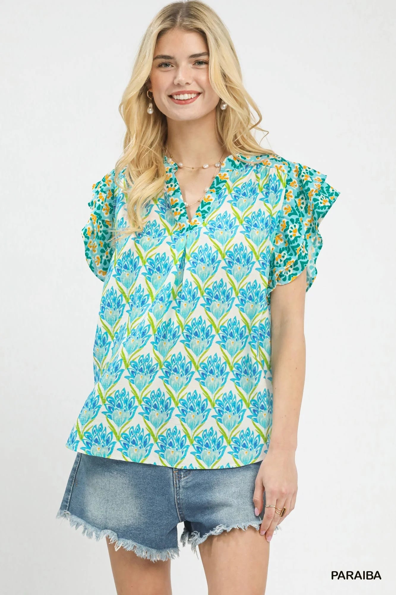 Umgee Double Frill Sleeve Floral Blouse