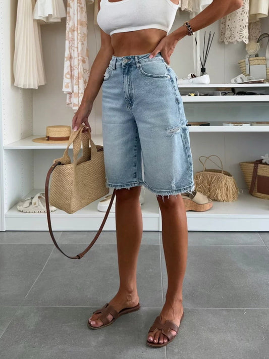 Distressed High-Waisted Denim Shorts