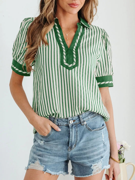 Stripe Collared Split Neck Short Bubble Sleeve Blouse