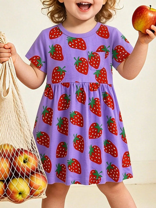 Children's Strawberry Print Short Sleeve Dress