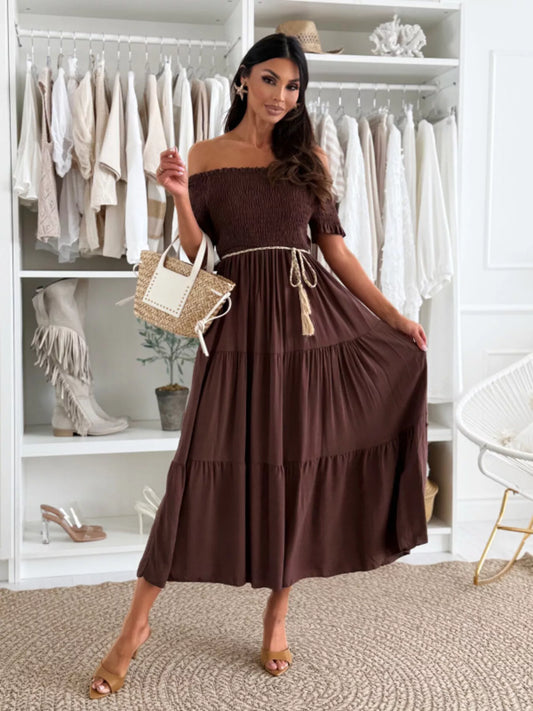 Off Shoulder Smocked Tiered Midi Dress