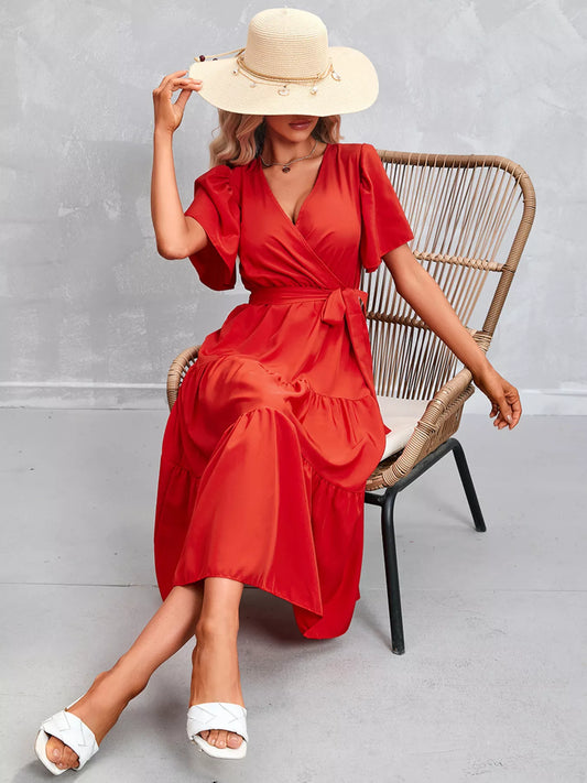 Flutter Sleeve Tiered Midi Dress