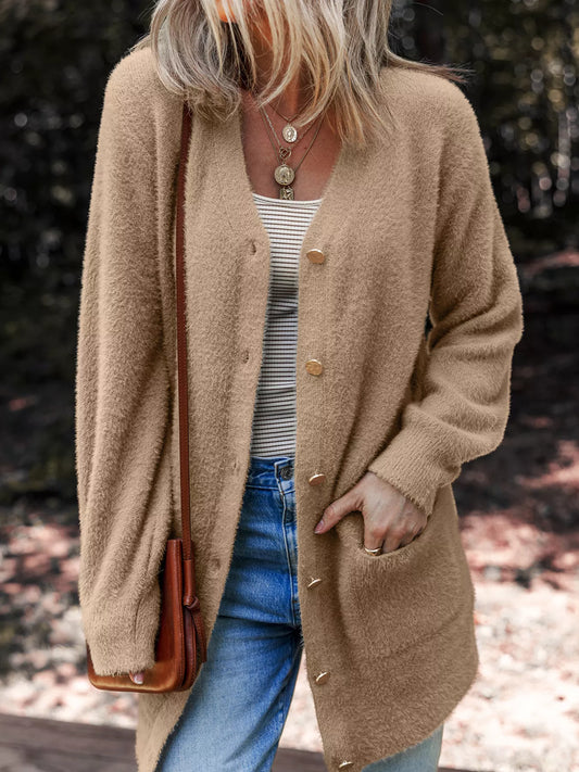 Fuzzy Buttoned Front Cardigan with Pockets