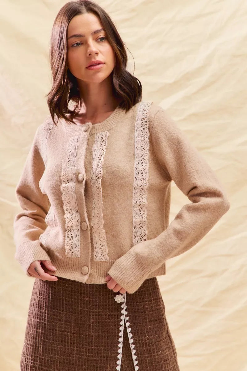 SO ME Front Lace Trim Button Cardigan Sweater