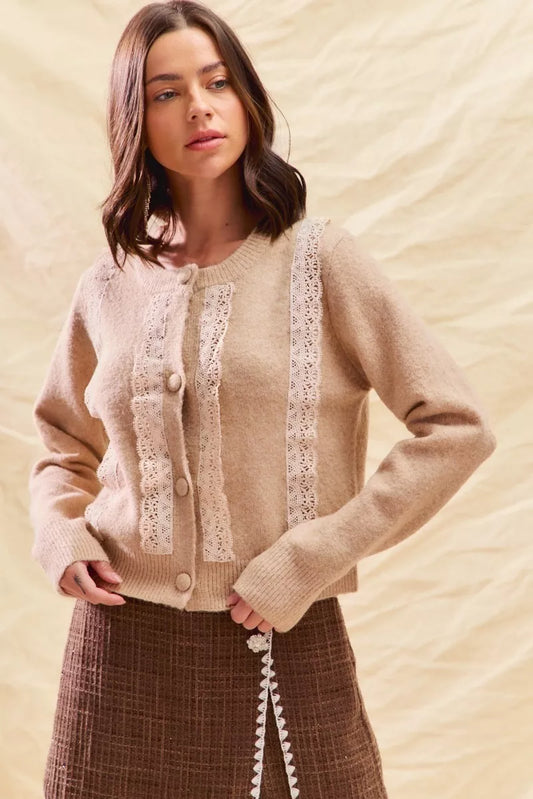 SO ME Front Lace Trim Button Cardigan Sweater