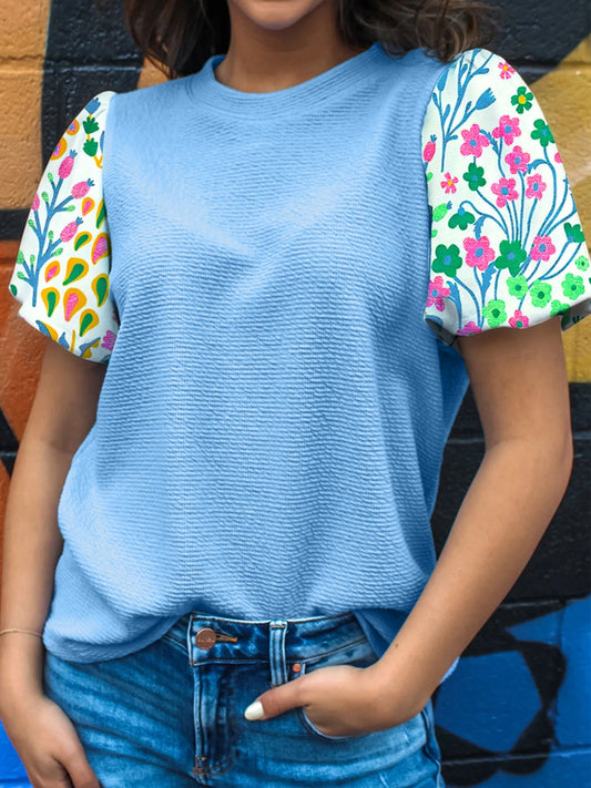 Round Neck Textured Contrast Floral Bubble Sleeve Blouse