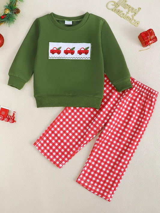 Children's Embroidered Sweatshirt and Gingham Pants Set