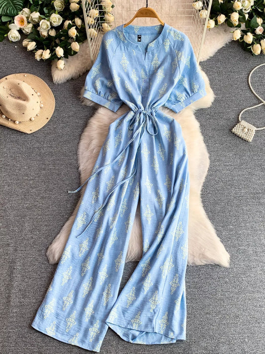 Printed Short Sleeve Wide Leg Jumpsuit