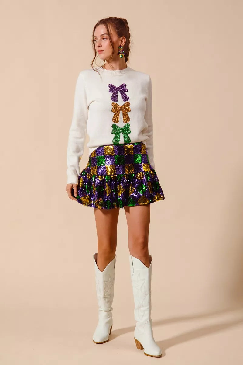 SO ME Mardi Gras Checker Sequins Mini Skirt