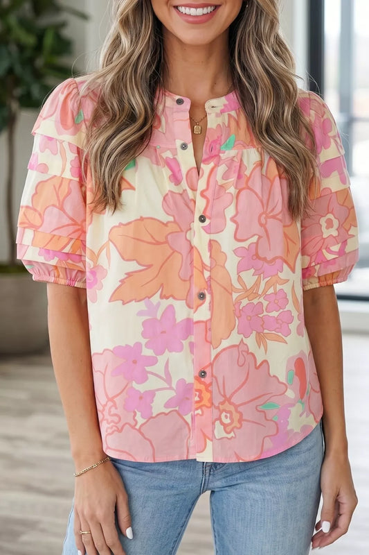 Floral Print Button Down Pintuck Short Sleeve Shirt