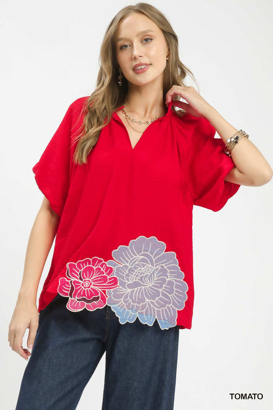 Umgee Floral Embroidered Hem Blouse