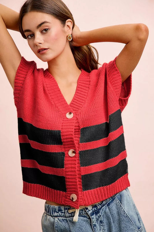 BiBi Game Day Theme Stripe Buttoned V Neck Knit Cardigan