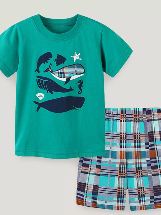 Children's Whale Print Tee and Plaid Shorts Set