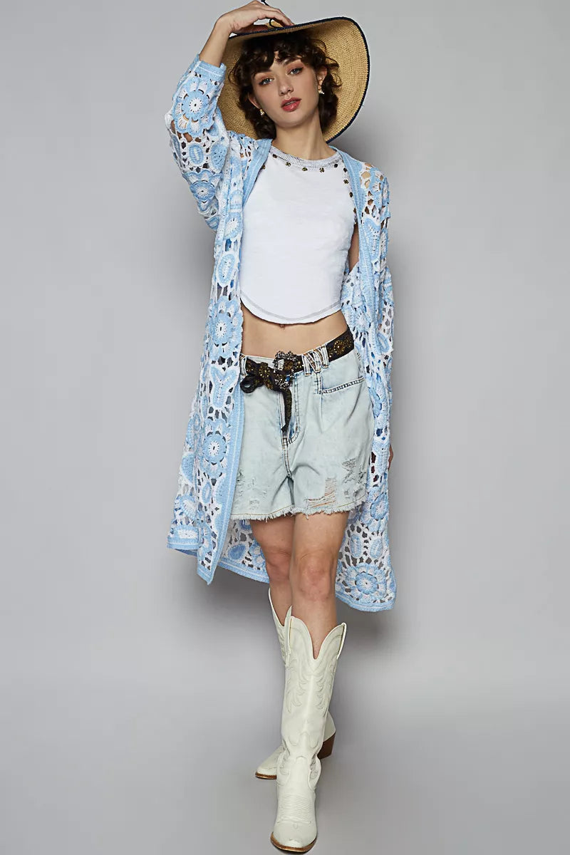 POL Open Front Crochet Cardigan with Knit Weave Patterns