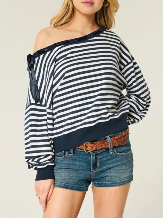 Striped Off-Shoulder Ribbon Accent Sweatshirt