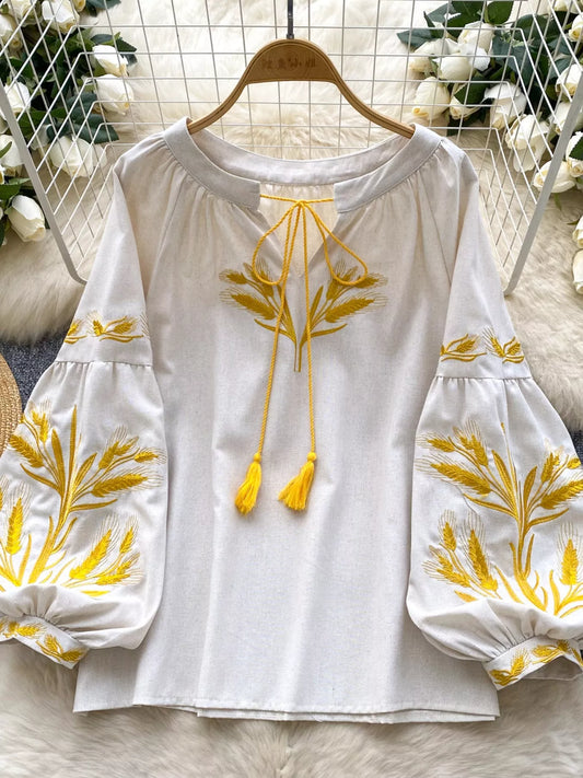 Embroidered Wheat Pattern Tie Neck Blouse