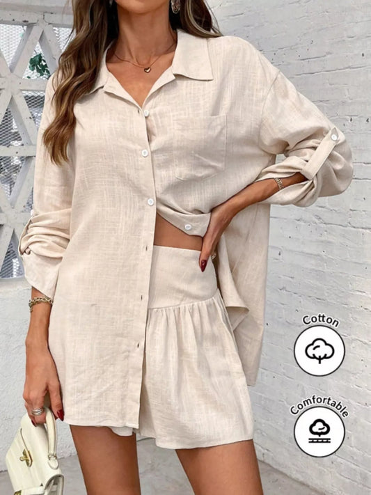 Button Up Roll-Up Sleeve Shirt and Shorts Set