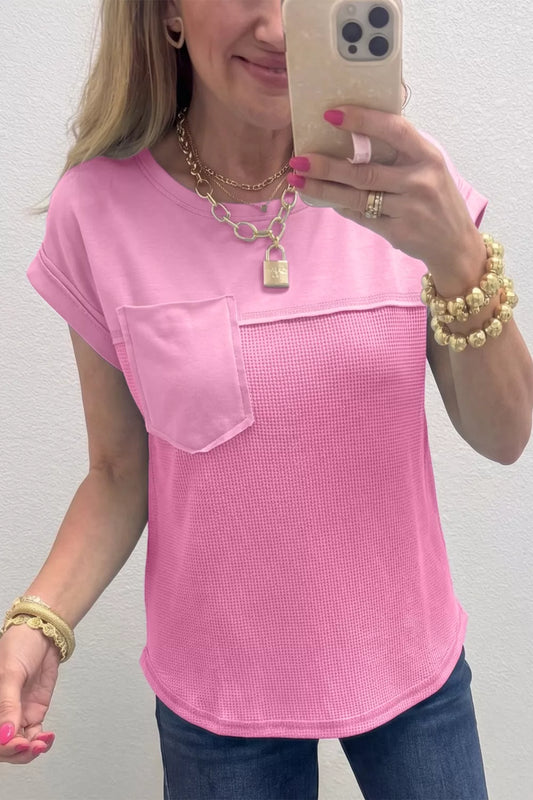 Solid Color Raw Seam Waffled Patchwork Casual T Shirt