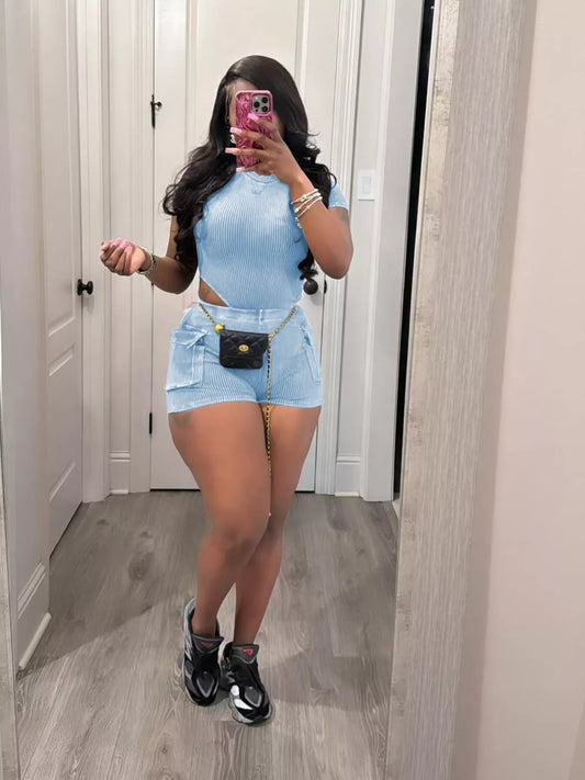 Ribbed Knit Bodysuit and Shorts Set