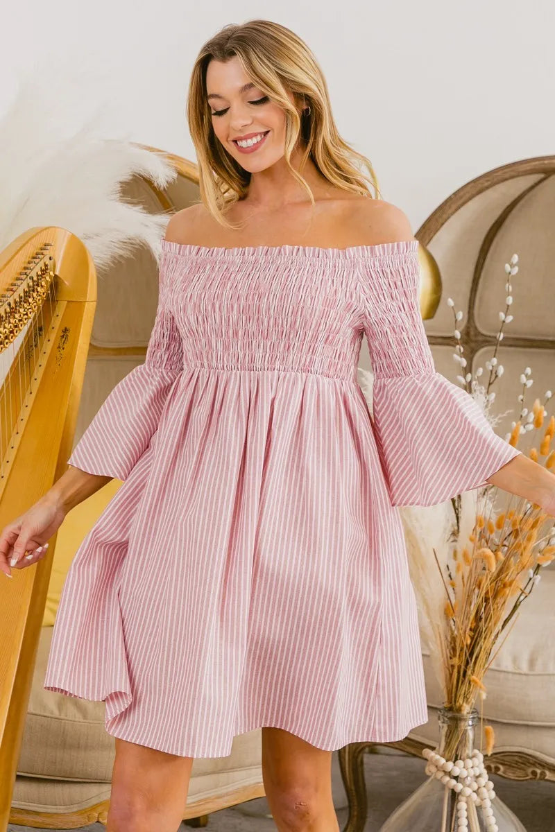BiBi Smocked Off Shoulder Striped Dress