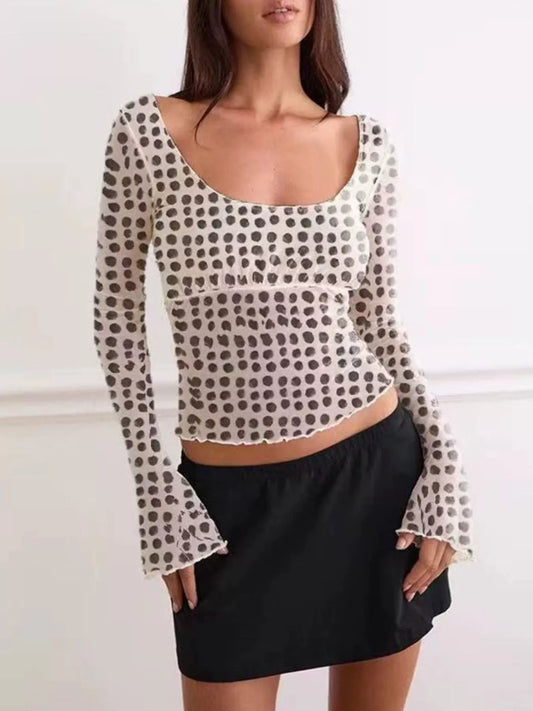 Polka Dot Mesh Flare Sleeve Top