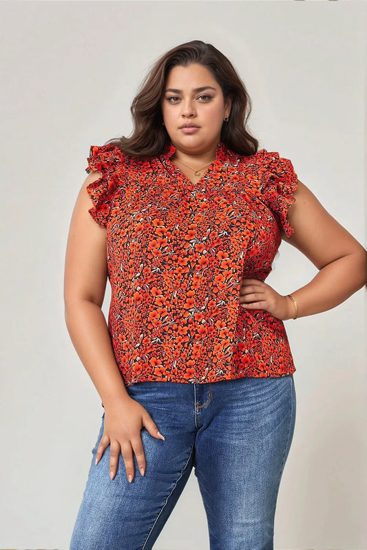 Double Take Floral Flutter Sleeve Notched Neck Blouse