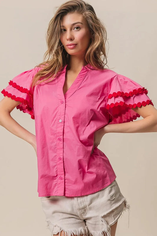 BiBi Dot Trim Flutter Sleeve Notched Top
