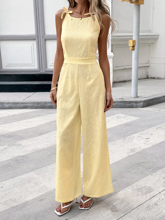 Tie Strap Textured Wide Leg Jumpsuit