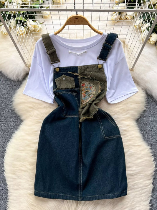 Short Sleeve T-Shirt and Denim Overall Dress Set