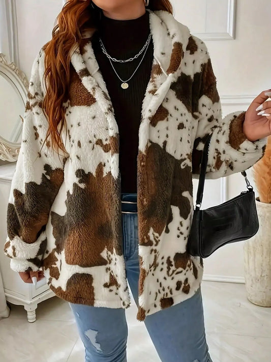 Cow Print Plush Hooded Outerwear