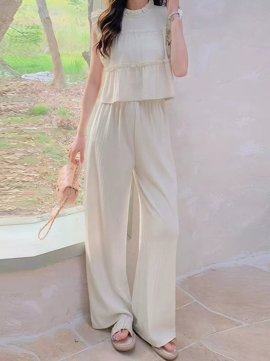 Ruffled Sleeveless Top and Wide Leg Pants Set