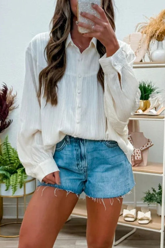Crinkled Texture Lantern Sleeve Button Down Loose Shirt