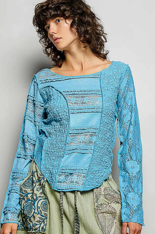 POL Round Neck Long Sleeve Exposed Seam Top with Lace Detail