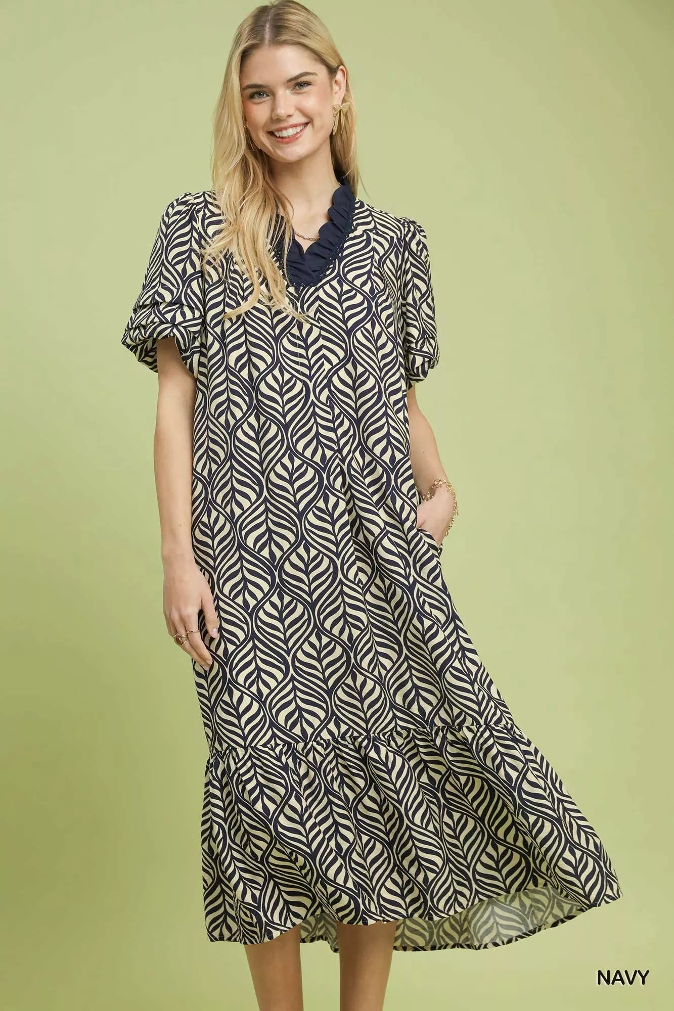 Umgee Leaf Print Ruffle Neck Midi Dress