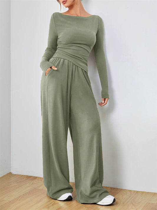 Casual Long Sleeve Top & Wide Leg Pants Set