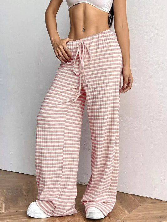 Striped Ribbed Knit Drawstring Waist Wide Leg Pants