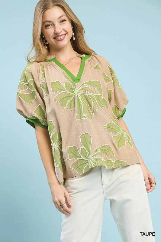 Umgee Embroidered V-Neck Short Sleeve Top