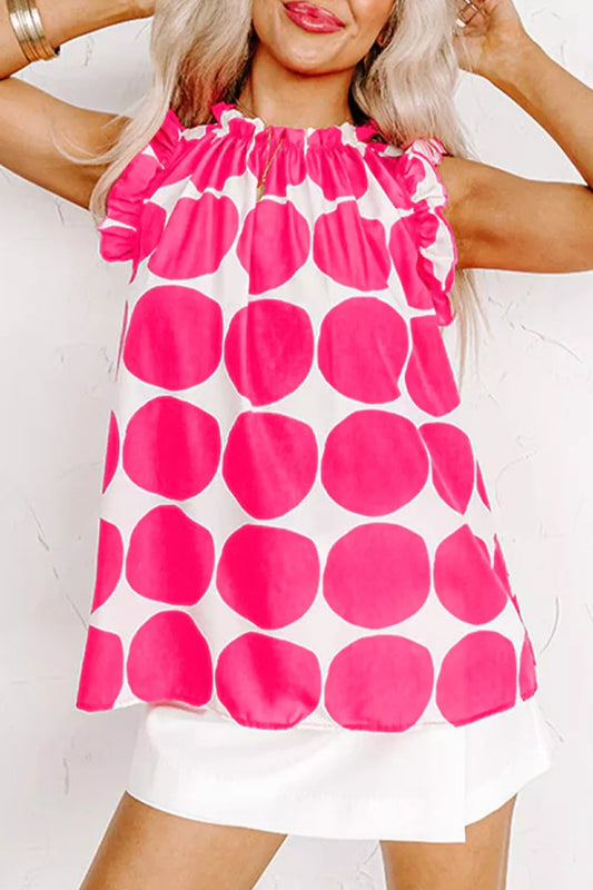 Polka Dot Print Frilled Round Neck Shift Tank Top