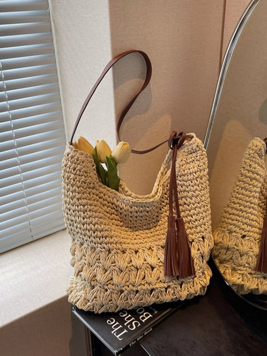 Woven Straw Shoulder Bag with Tassels