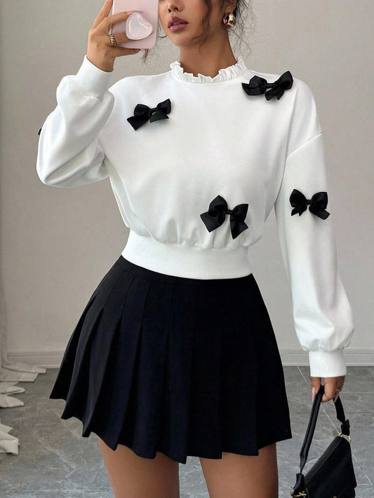 Bow Decor Dropped Shoulder Sweatshirt