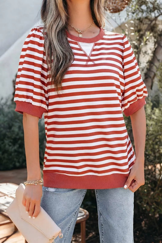 Striped Puff Sleeve Casual T-Shirt
