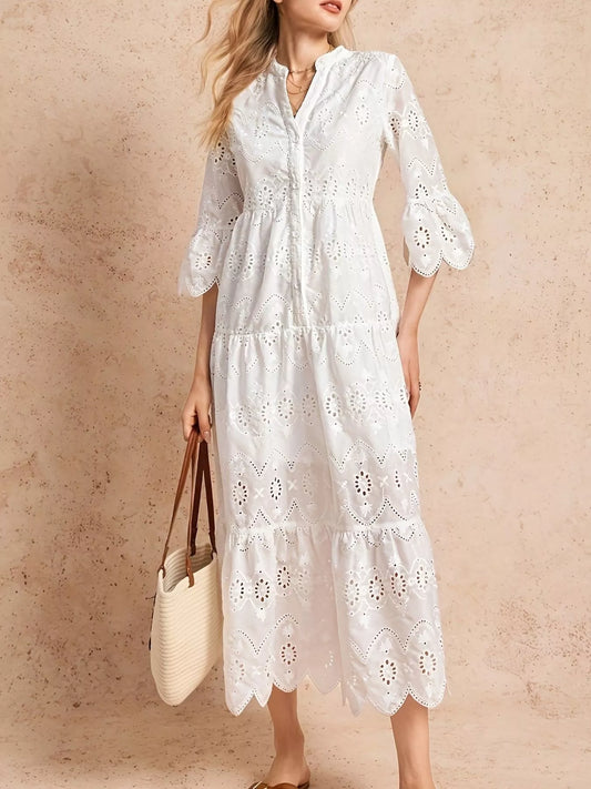 Eyelet Notched Tiered Midi Dress