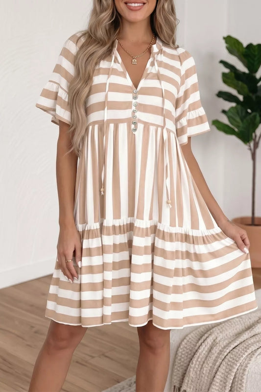 Stripe Tie V Neck Ruffle Trim Short Sleeve Flared Summer Dress
