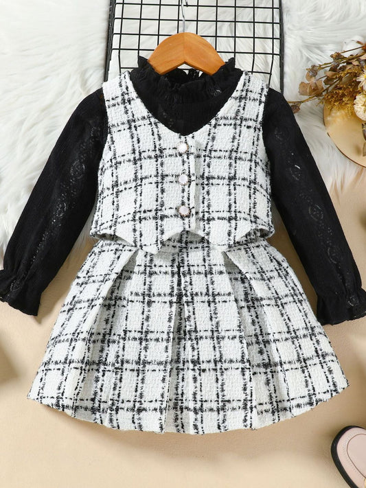 Children's Long Sleeve Top & Plaid Vest & Pleated Skirt Set