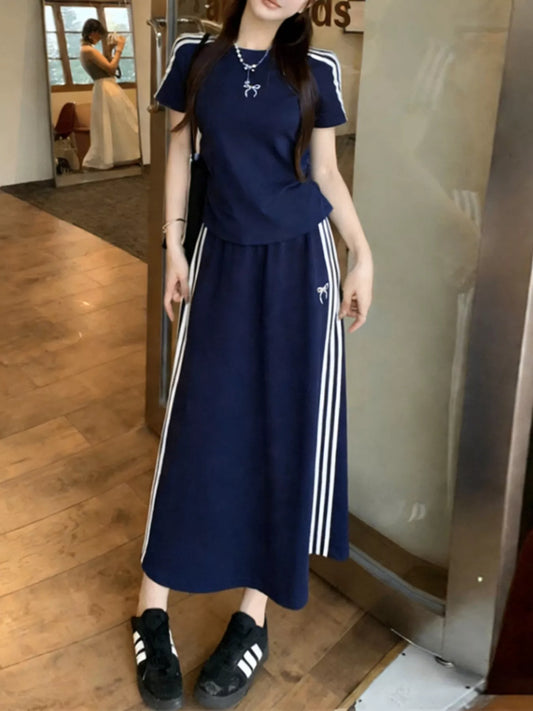 Striped Round Neck Tee and Skirt Set