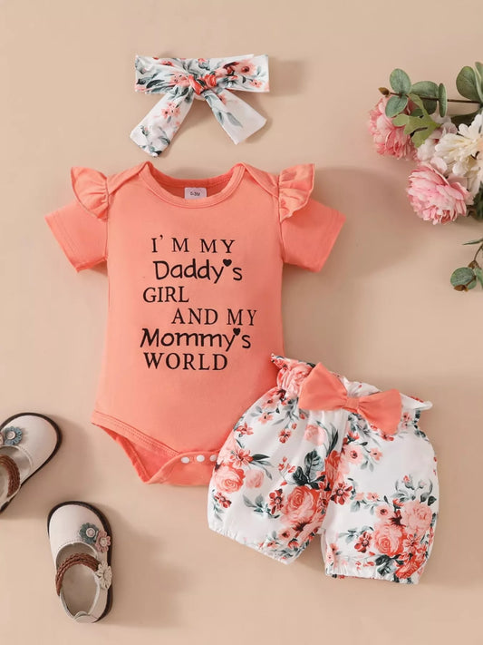 Children's Ruffled Bodysuit and Floral Shorts Set with Headband