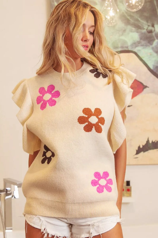BiBi Flower Printed Ruffled Sleeves Top